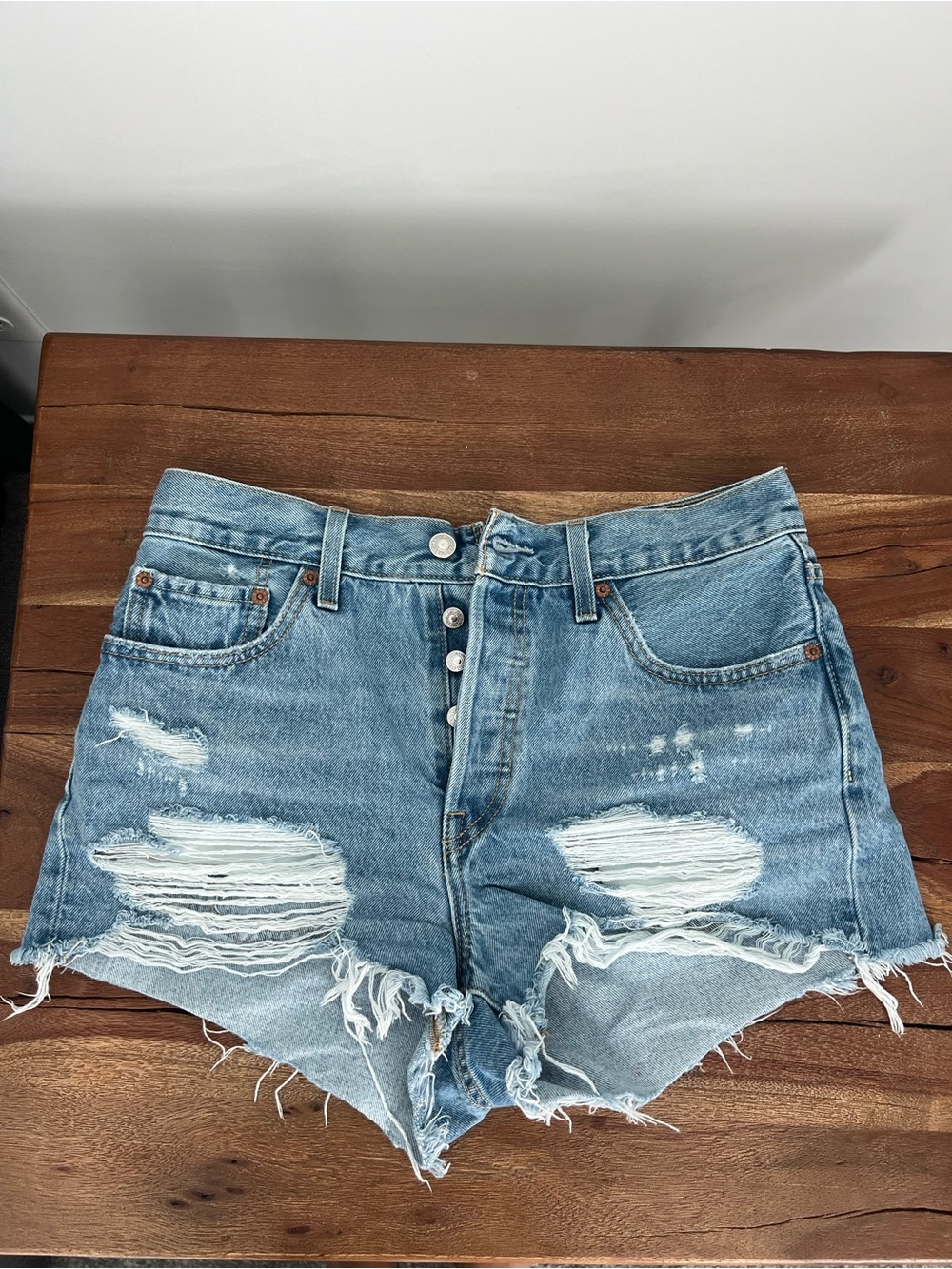 Levi’s 501 High-Rise Distressed Women’s Denim Shorts in Light Blue